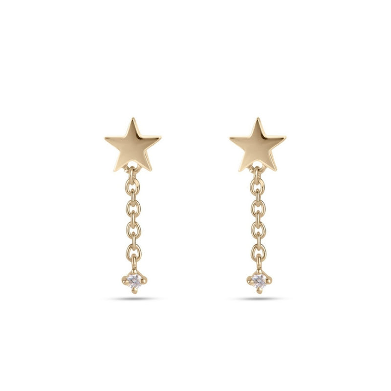 Star & Diamond Chain Stud Earring Pair 9k Gold
