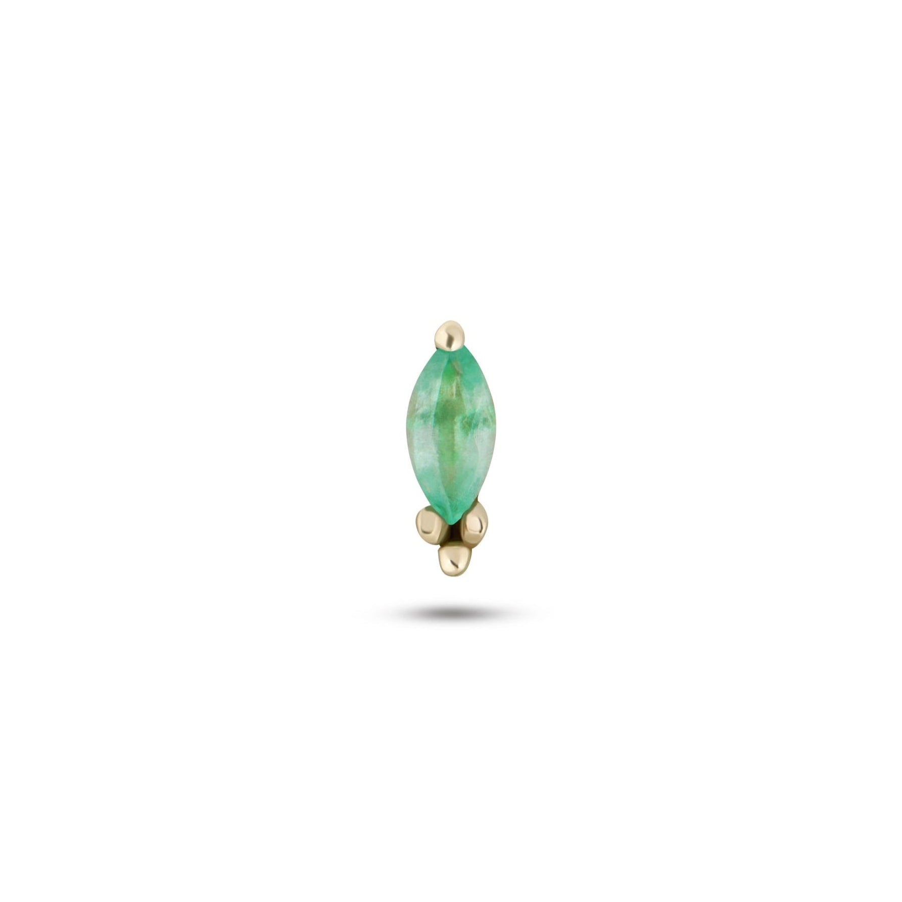 A single marquise cut emerald beaded flat back earring in 9k gold, displayed against a white background.