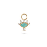 Gold charm with turquoise stone and clear stones on a white background
