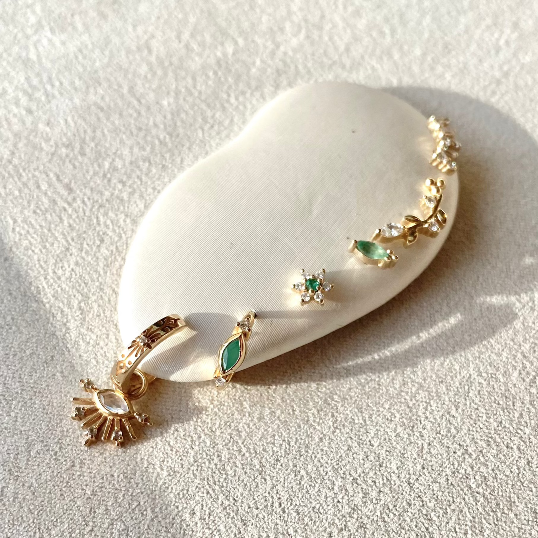 solid gold ear stack including the Emerald Marquise Beaded Flat Back Earring 9k Gold