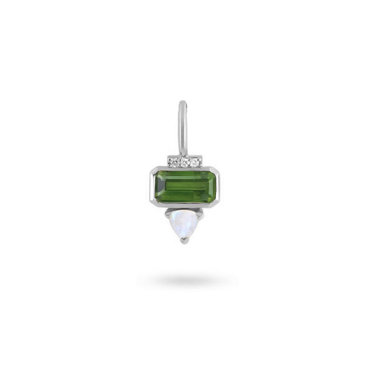 Earring with green gemstone and white stone on a white background