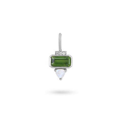 Earring with green gemstone and white stone on a white background