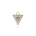 Triangular pendant with central gemstone and gold border on a white background