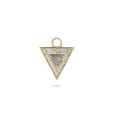 Triangular pendant with central gemstone and gold border on a white background