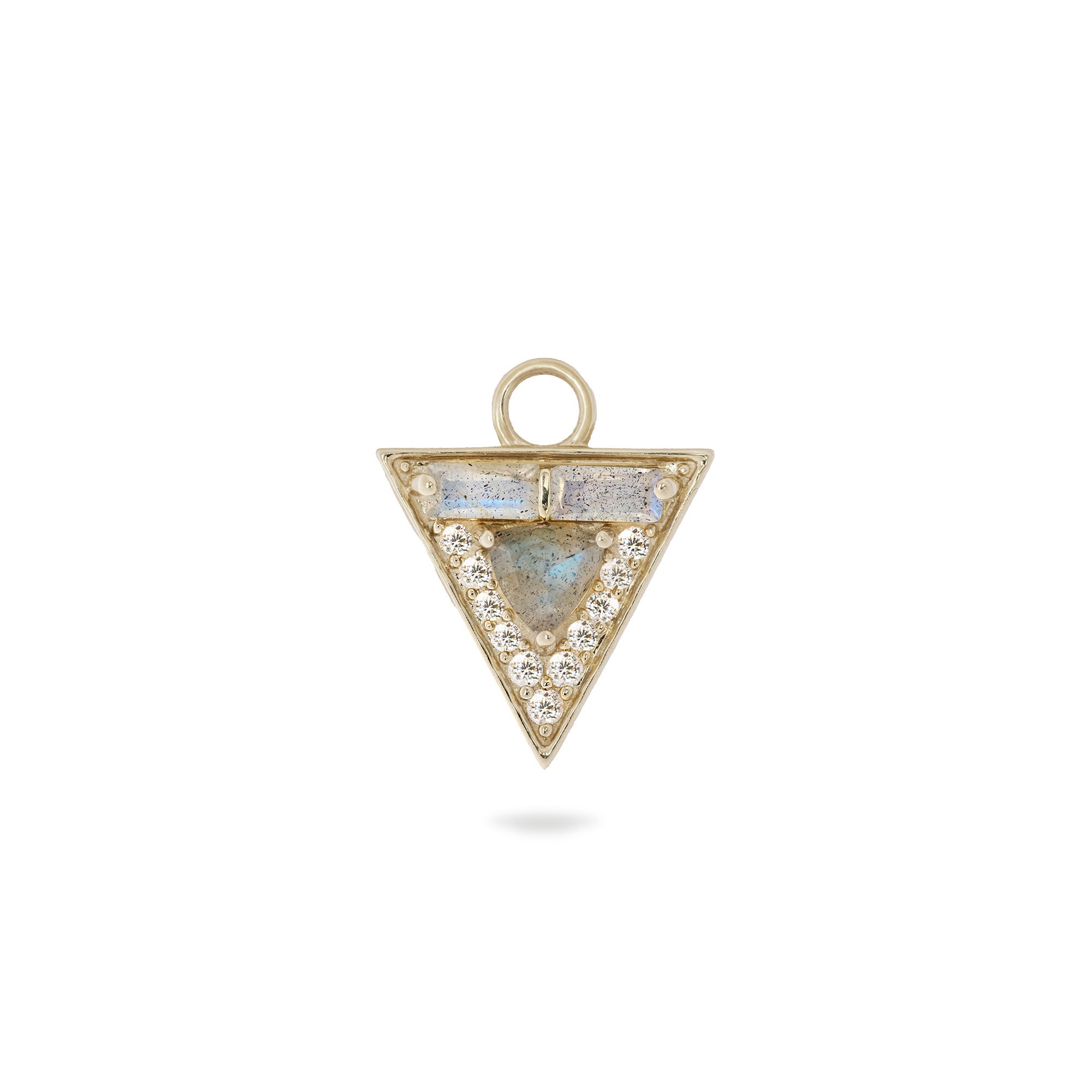 Triangular pendant with central gemstone and gold border on a white background