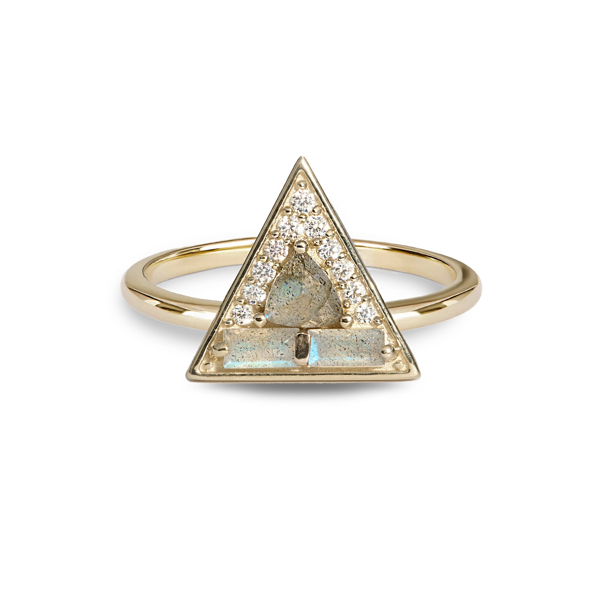 Triangle ring with diamond and labradorite on white background