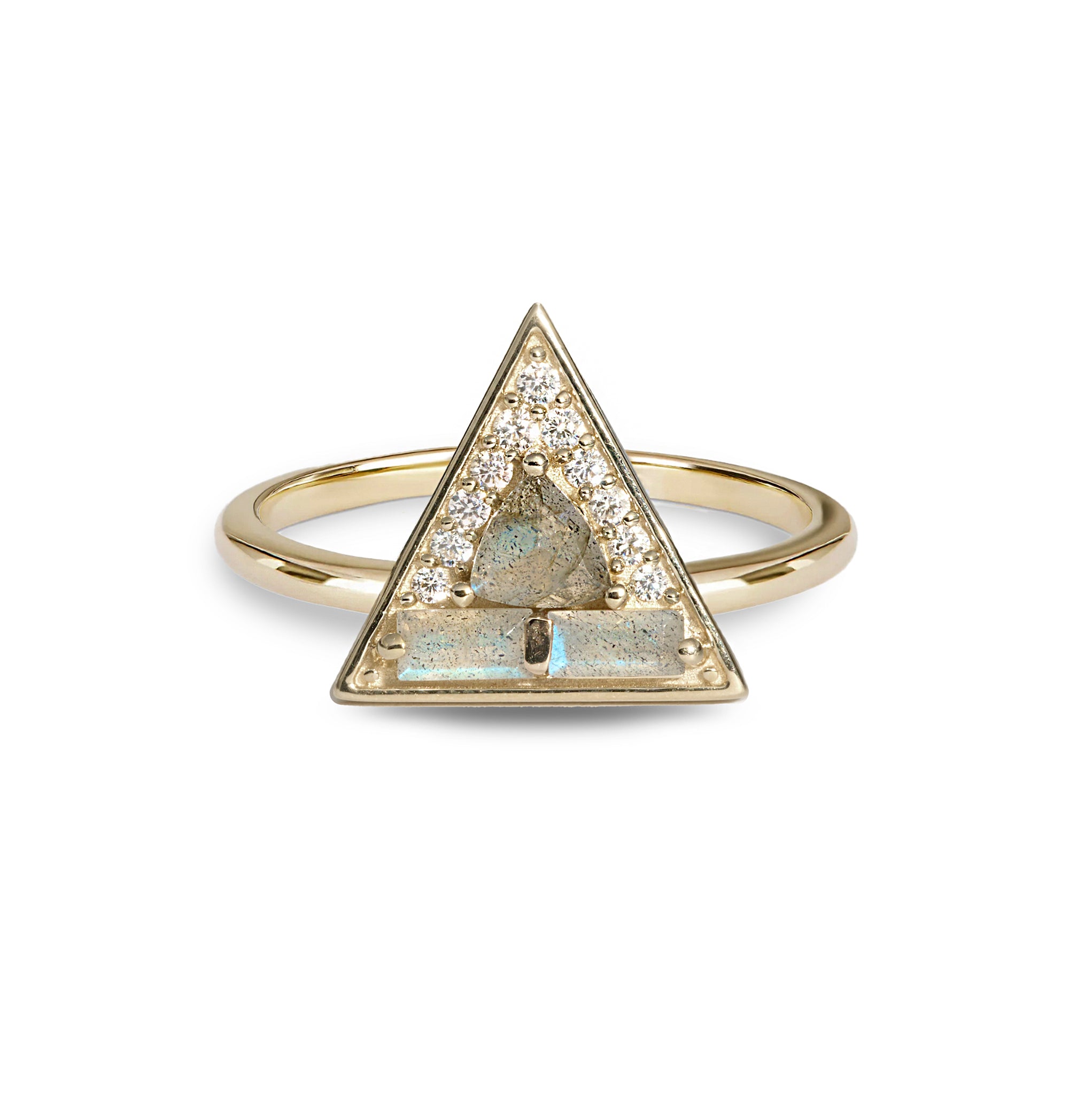 Triangle ring with diamond and labradorite on white background