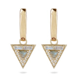 Gold triangle-shaped earrings with gemstones on a white background