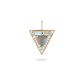Triangular pendant with central gemstone and diamond-like stones on a white background