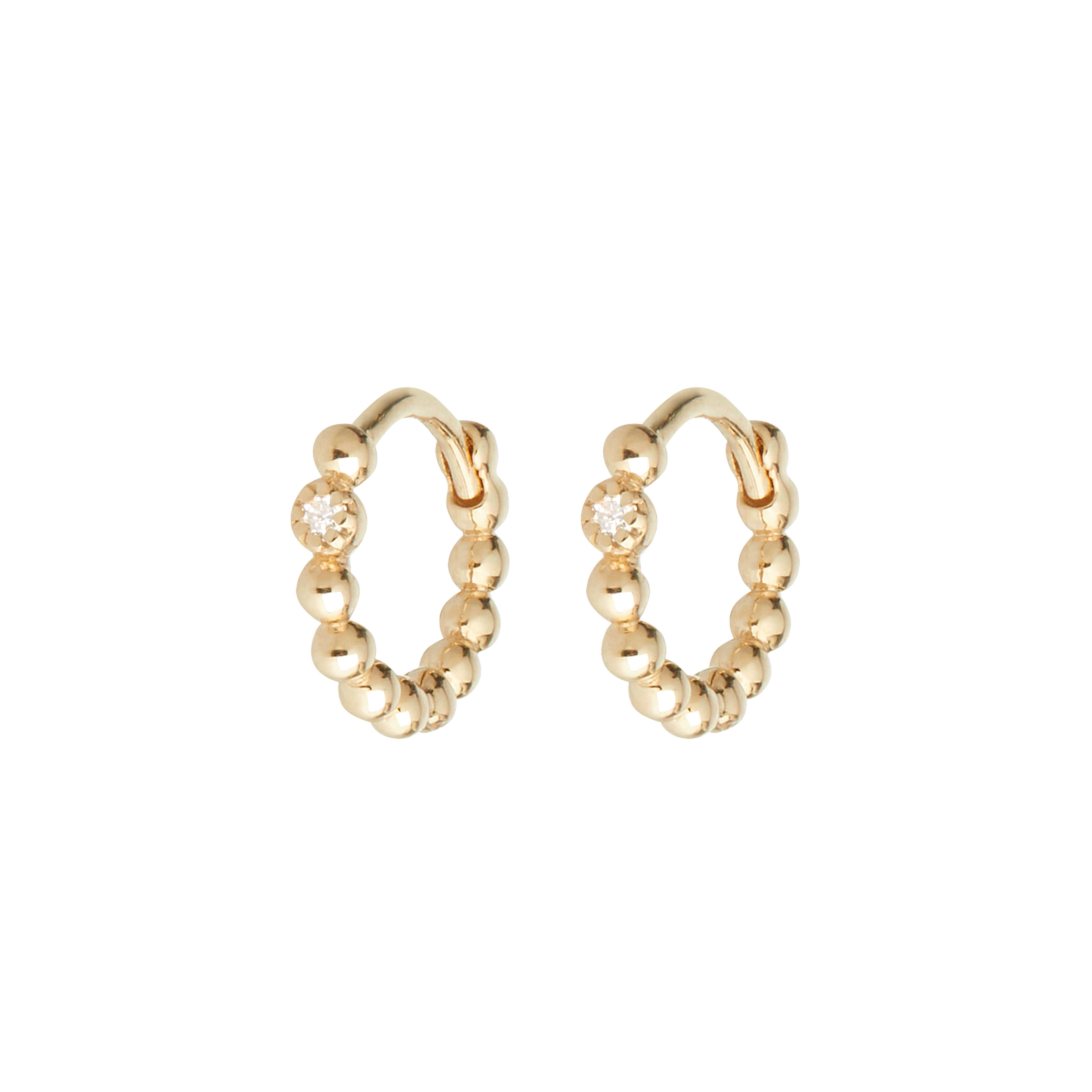 Mini Diamond Beaded Huggie Hoop Earring Pair 9k Gold on white background