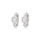 Pair of silver hoop earrings with moonstone stones on a white background