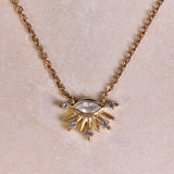 Moonstone & White Sapphire Sunburst Necklace 9k Gold on hard surfacce