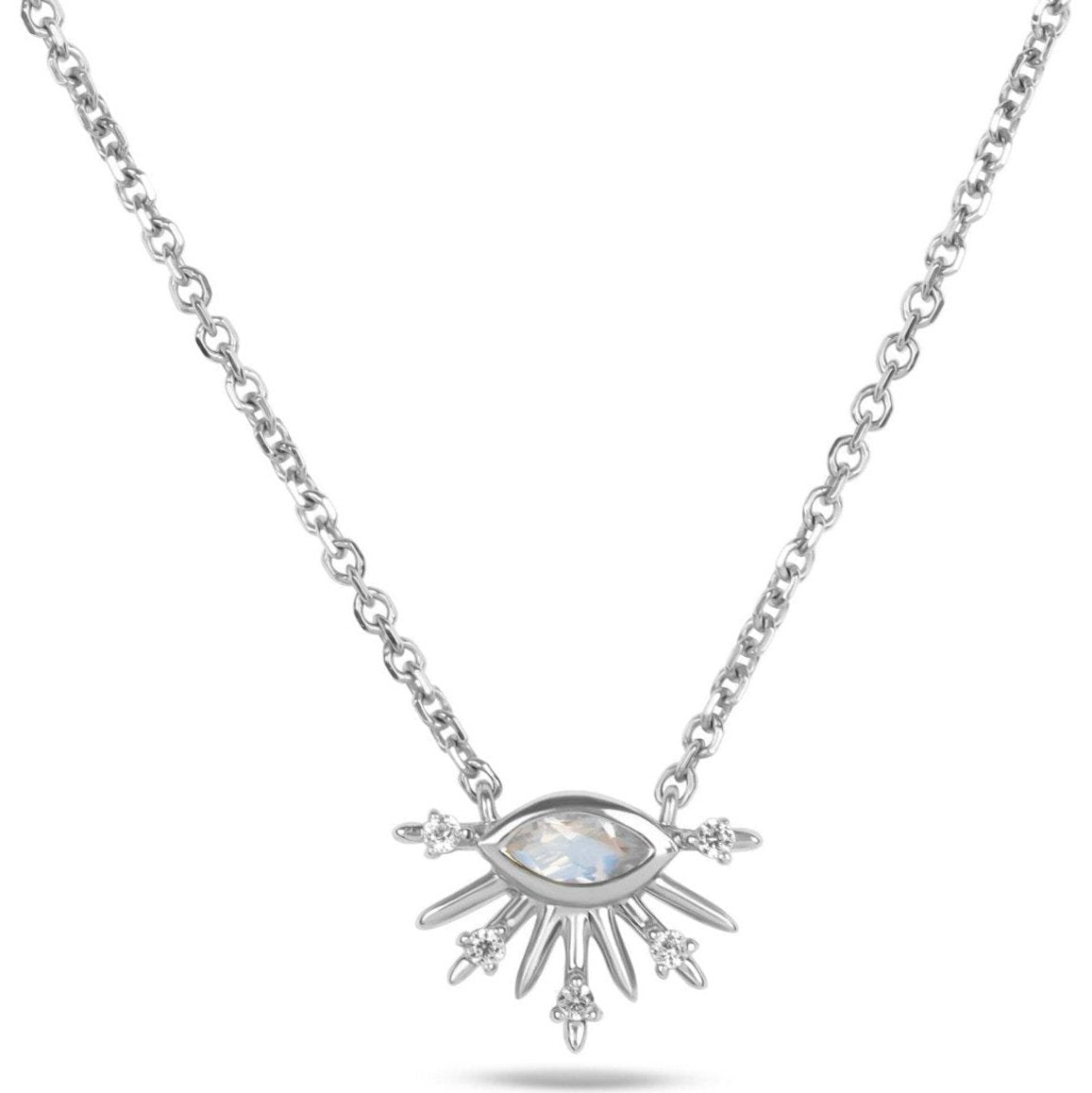 Moonstone & White Sapphire Sunburst Necklace Sterling Silver
