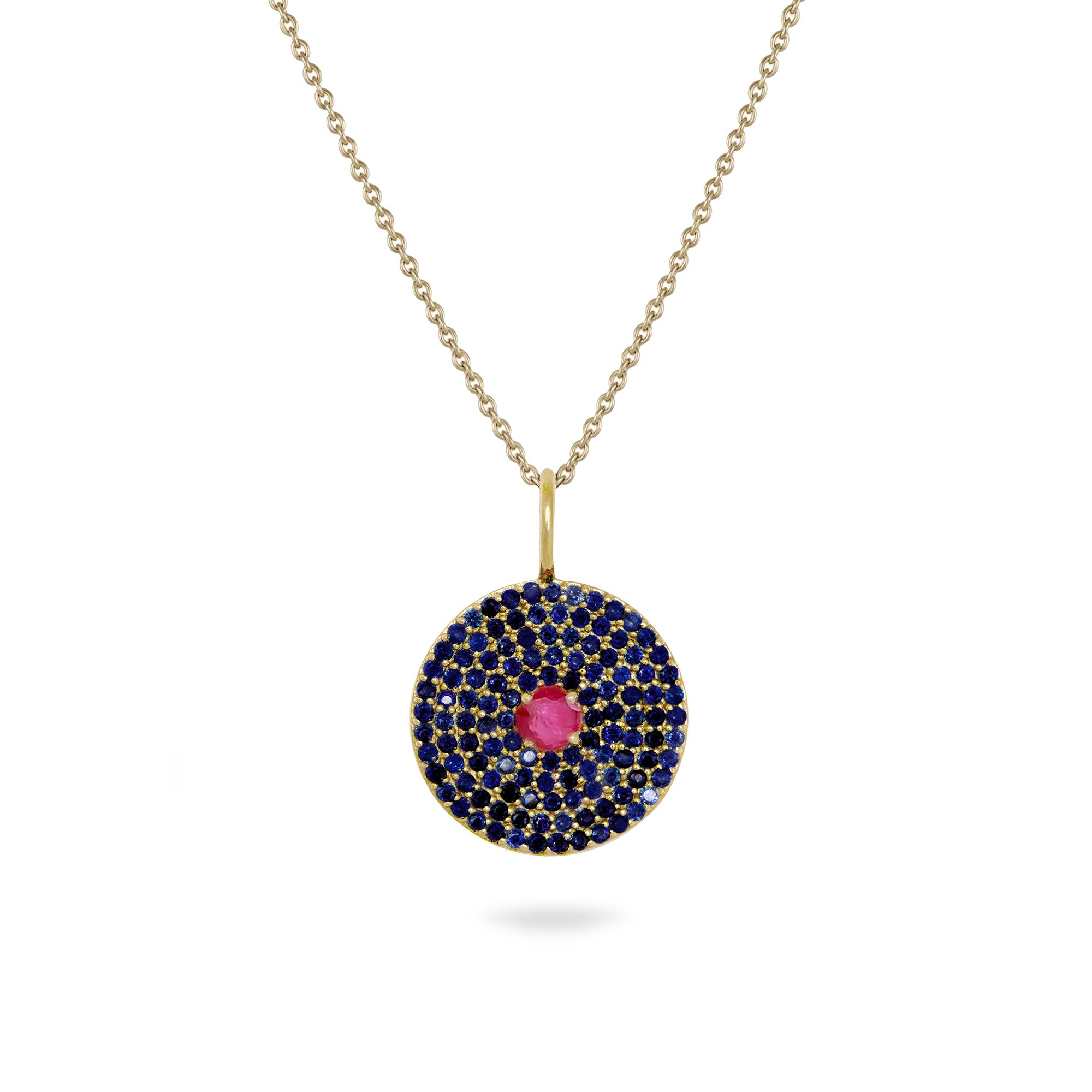 Sapphire & Ruby 9k gold necklace white background