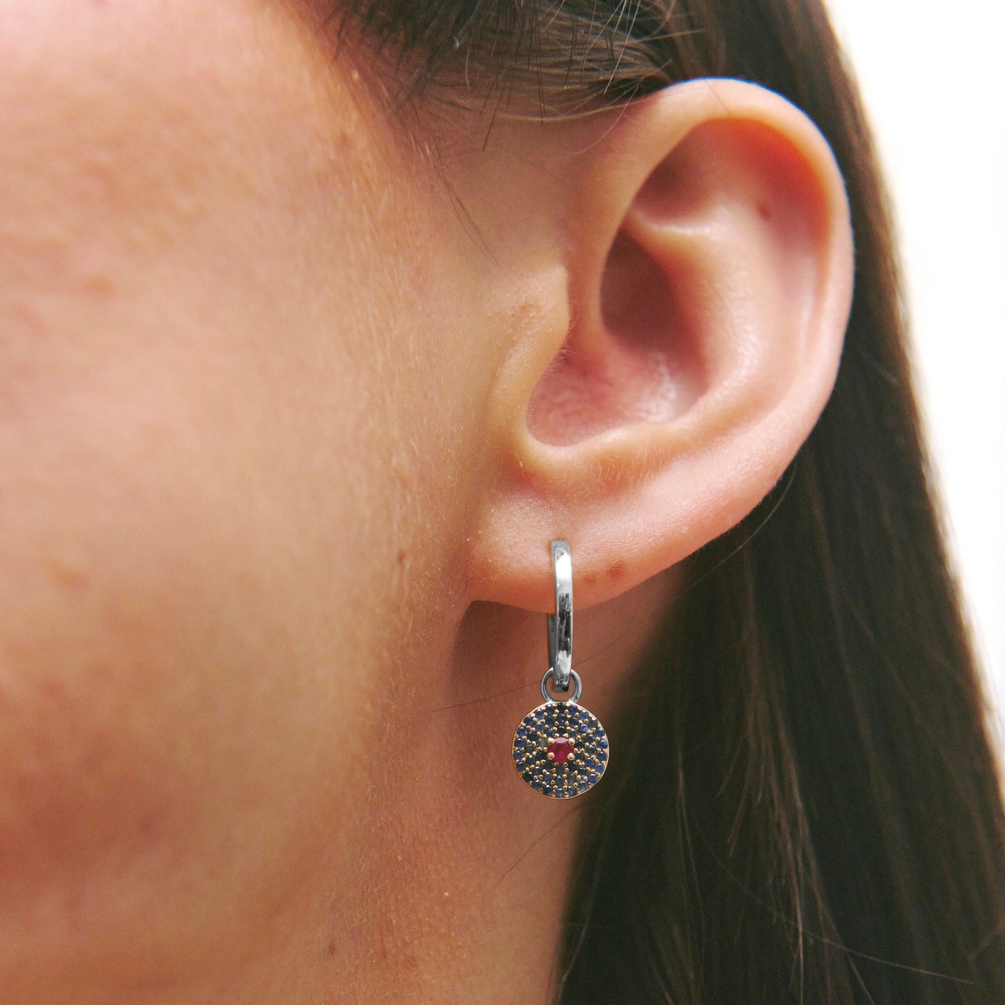 Sapphire & Ruby Pavé Disc Earring Charm 9k White Gold - Zohreh V. Jewellery