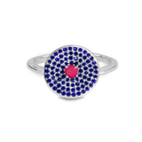 sapphire & ruby ring in white gold on white background