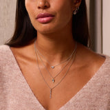 model wearing Square Labradorite, Opal & White Sapphire Pendant Sterling Silver layered with other sterling silver necklaces