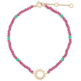 Sunburst Silhouette Pink Quartz & Onyx Beaded Bracelet 9k Gold on white background