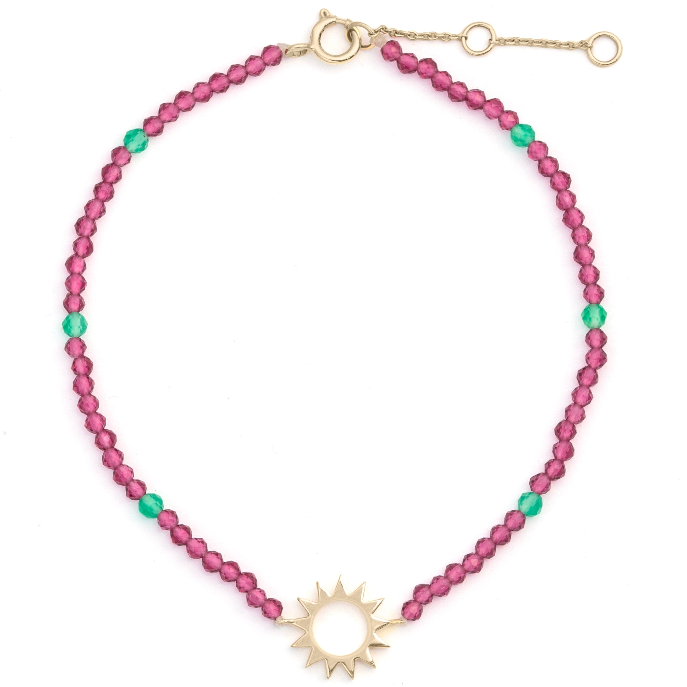 Sunburst Silhouette Pink Quartz & Onyx Beaded Bracelet 9k Gold on white background