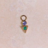 Tanzanite & Emerald Geo Earring Charm 9k Gold on hard surface