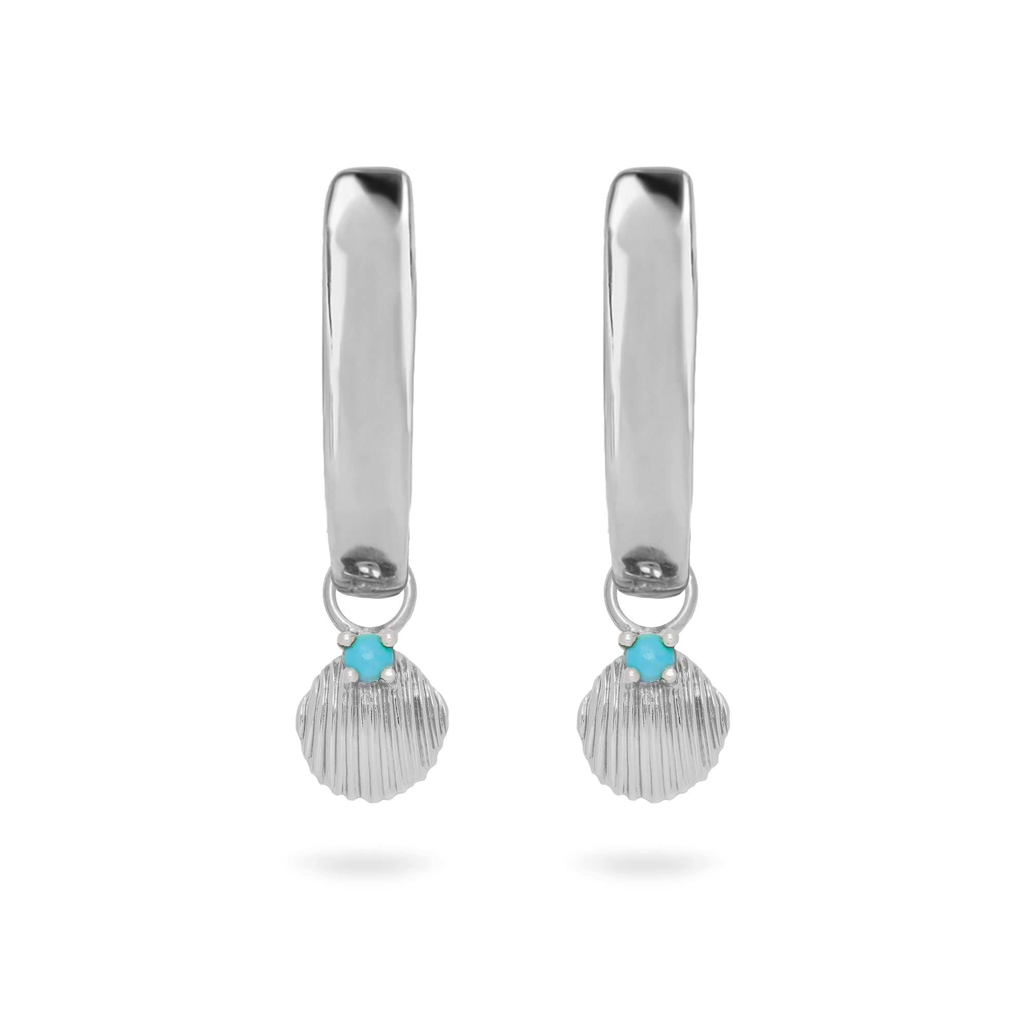Turquoise shell hoops sterling silver white background