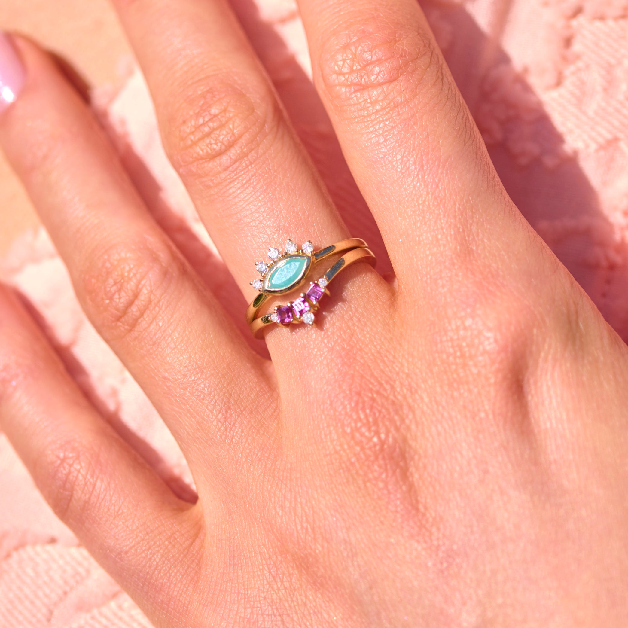 amazonite & garnet rings on model