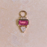 Pink Tourmaline, Diamond & Moonstone Earring Charm 9k Gold on hard surface
