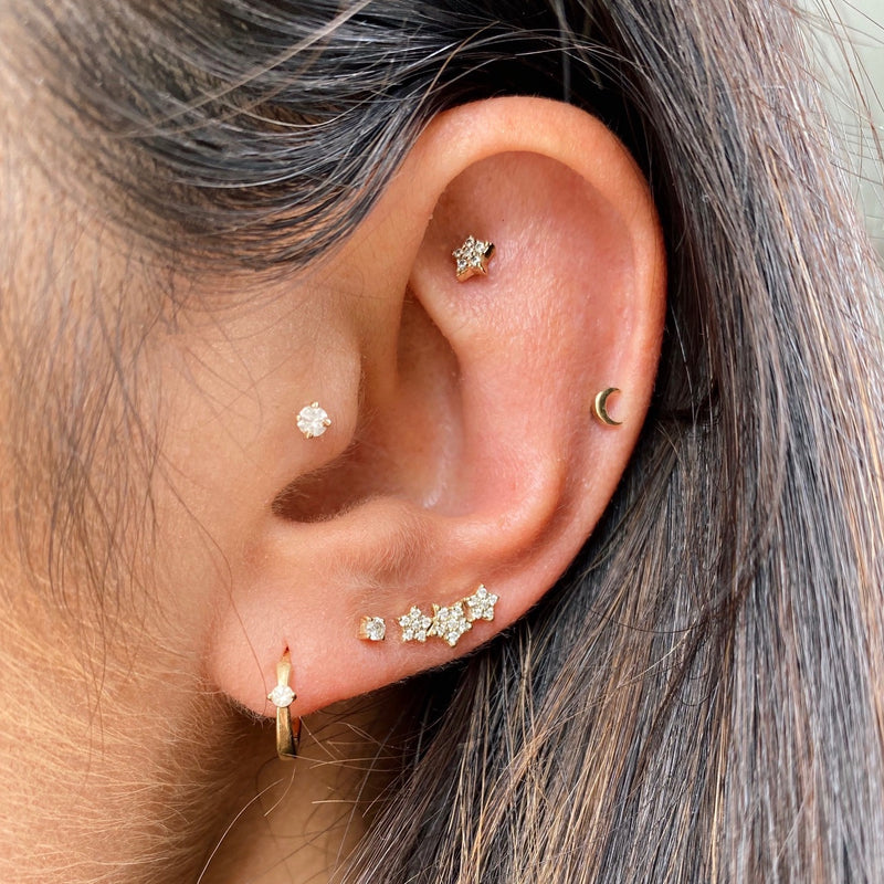 Ear stack with Diamond star cluster flat back earring gold on upper lobe