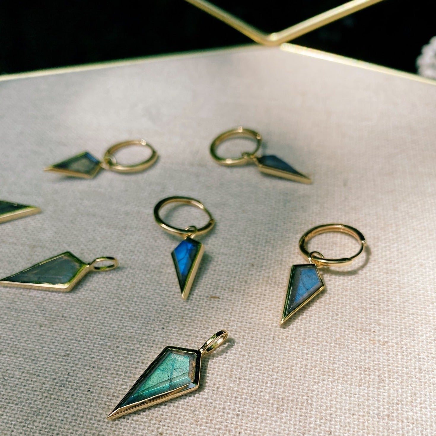 Labradorite Rhombus Earring Charms 9k Gold on fabric