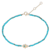 Hand of Fatima Turquoise Beaded Bracelet 9k Gold on white background