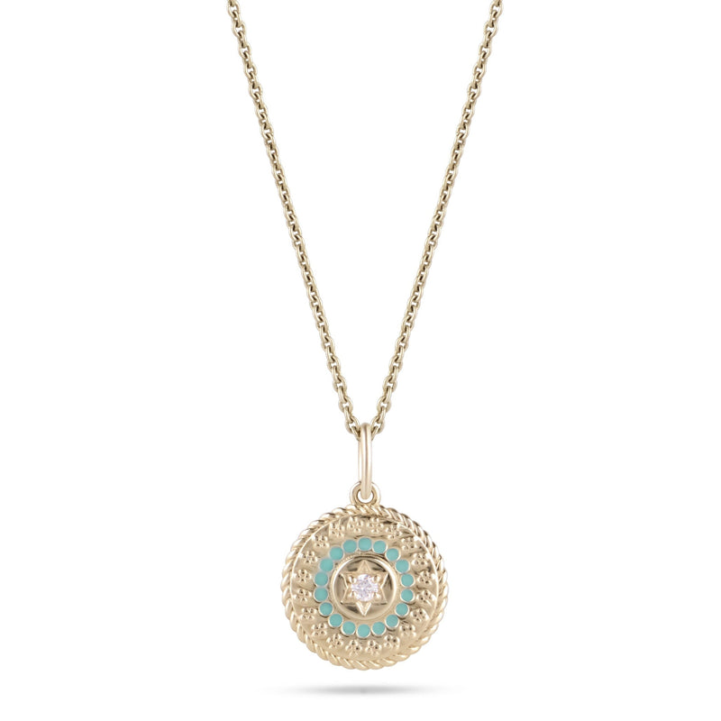 White Sapphire Star & Turquoise Enamel Coin Necklace 9k Gold