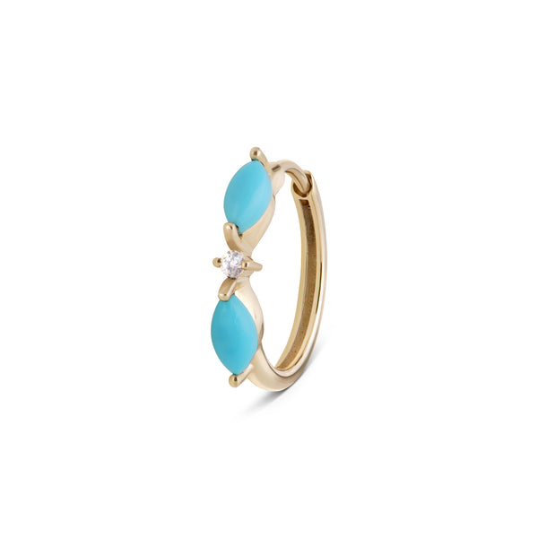 Turquoise Marquise & Moonstone Huggie Hoop Earring 9k Gold on white background