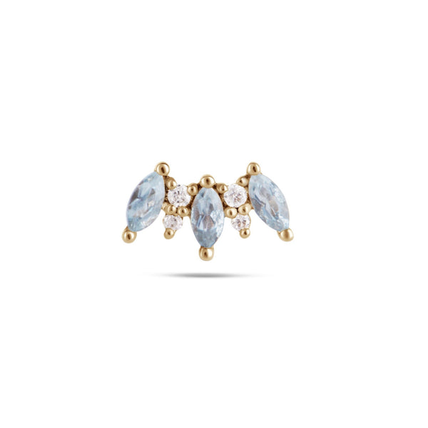 close up of the aquamarine & diamond flat back earring 14k gold
