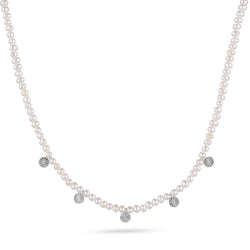 Pearl Beaded Coin Station Necklace Sterling Silver
