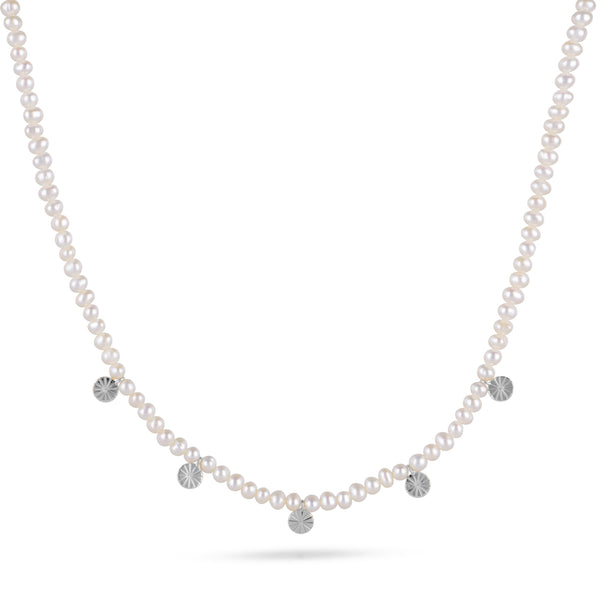 Pearl Beaded Coin Station Necklace Sterling Silver
