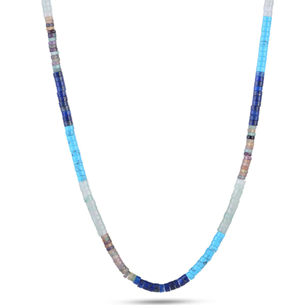 Multi Blues Statement Beaded Necklace Sterling Silver