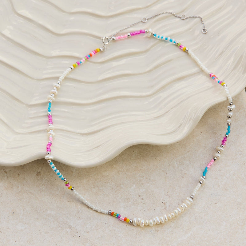 Pearl & Seed Bead Anklet Sterling Silver on porcelain dish
