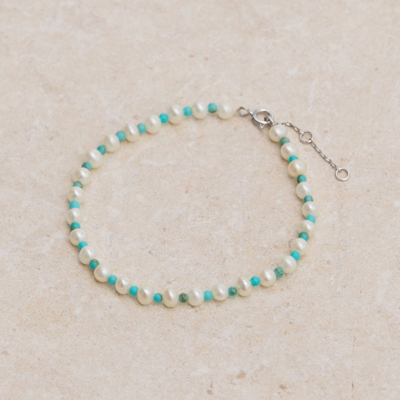 Pearl & Turquoise Bracelet Sterling Silver on hard surface