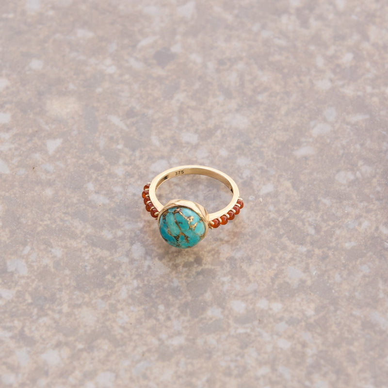 Copper Turquoise & Orange Carnelian Ring 9k Gold on hard surface
