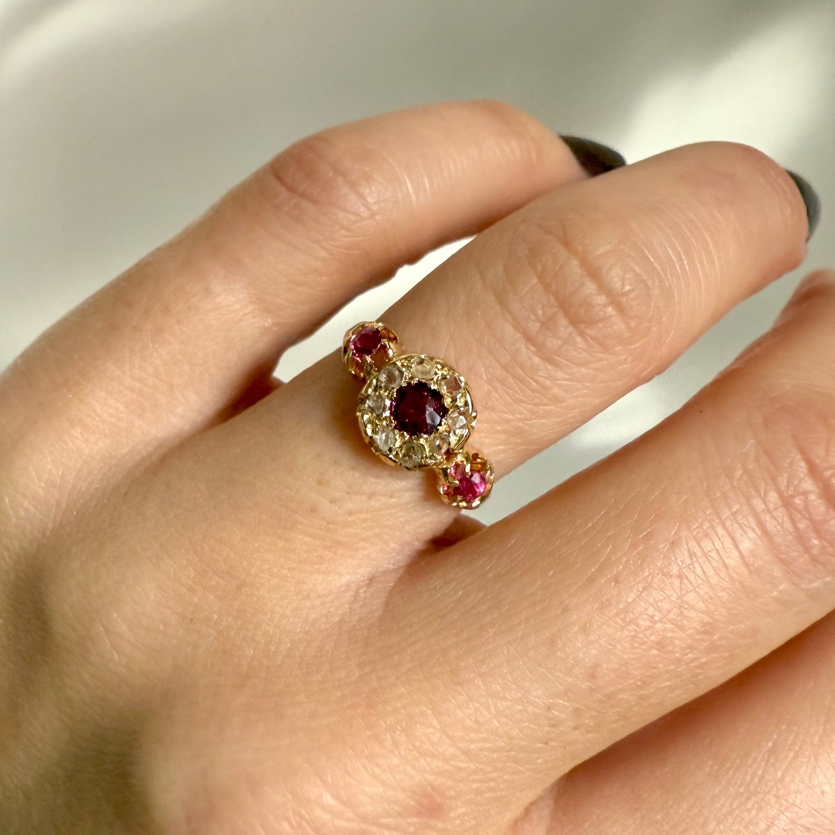 close up of 118kt Gold Ruby & Diamond Cluster Vintage Ring