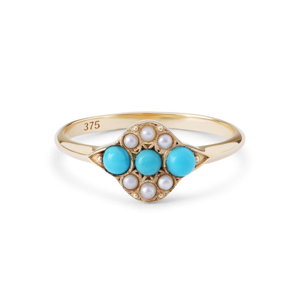Limited Edition Turquoise & Pearl Ring 9k Gold Size M Sample