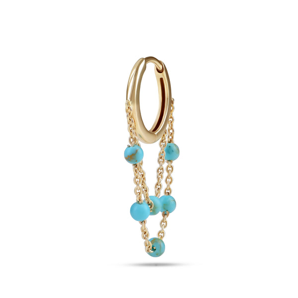 Double Turquoise Bead Chain Huggie Hoop Earring 9k Gold