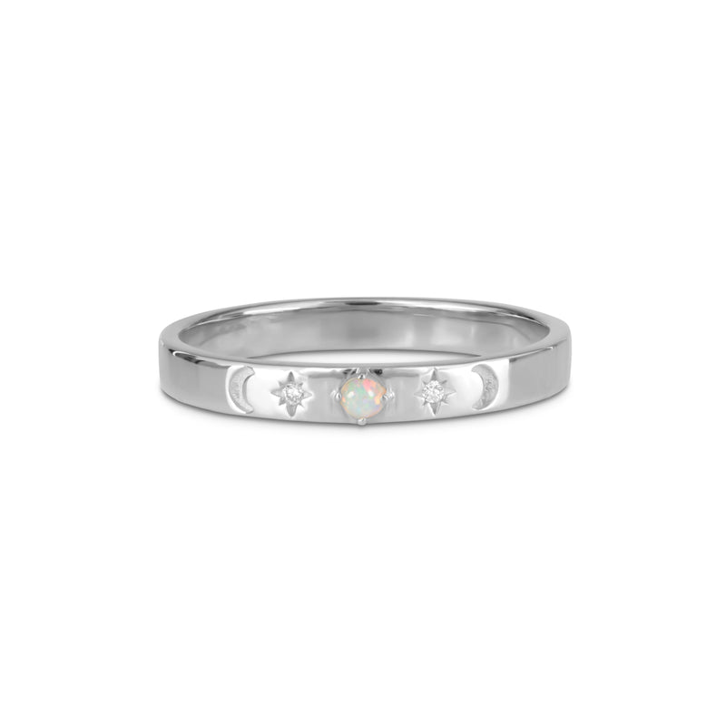 Celestial White Sapphire & Opal Band Ring Sterling Silver