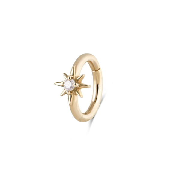 Diamond North Star Seamless Huggie Hoop Earring 9k Gold on white background