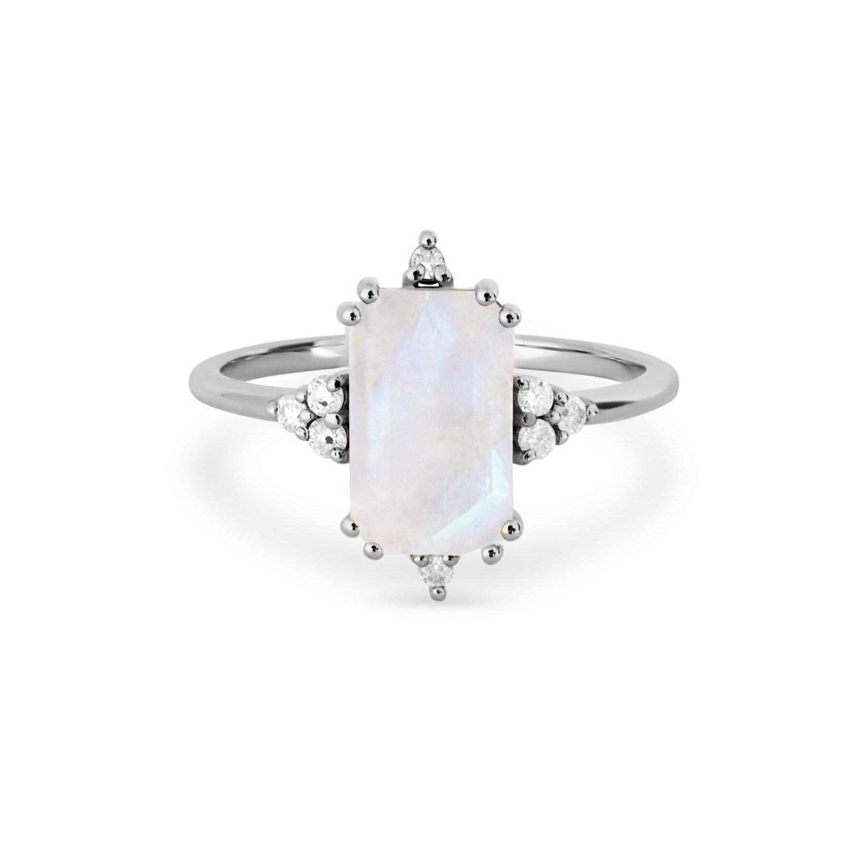 Rectangle Moonstone & White Sapphire Ring Sterling Silver