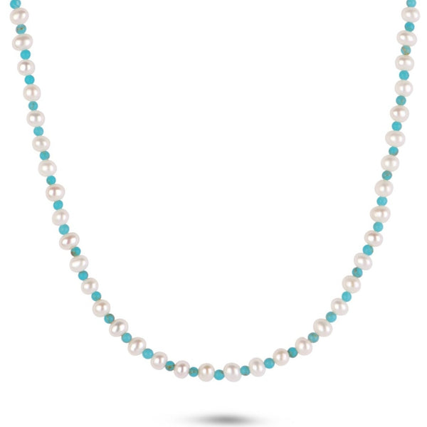 Pearl & Turquoise Necklace Sterling Silver on white background