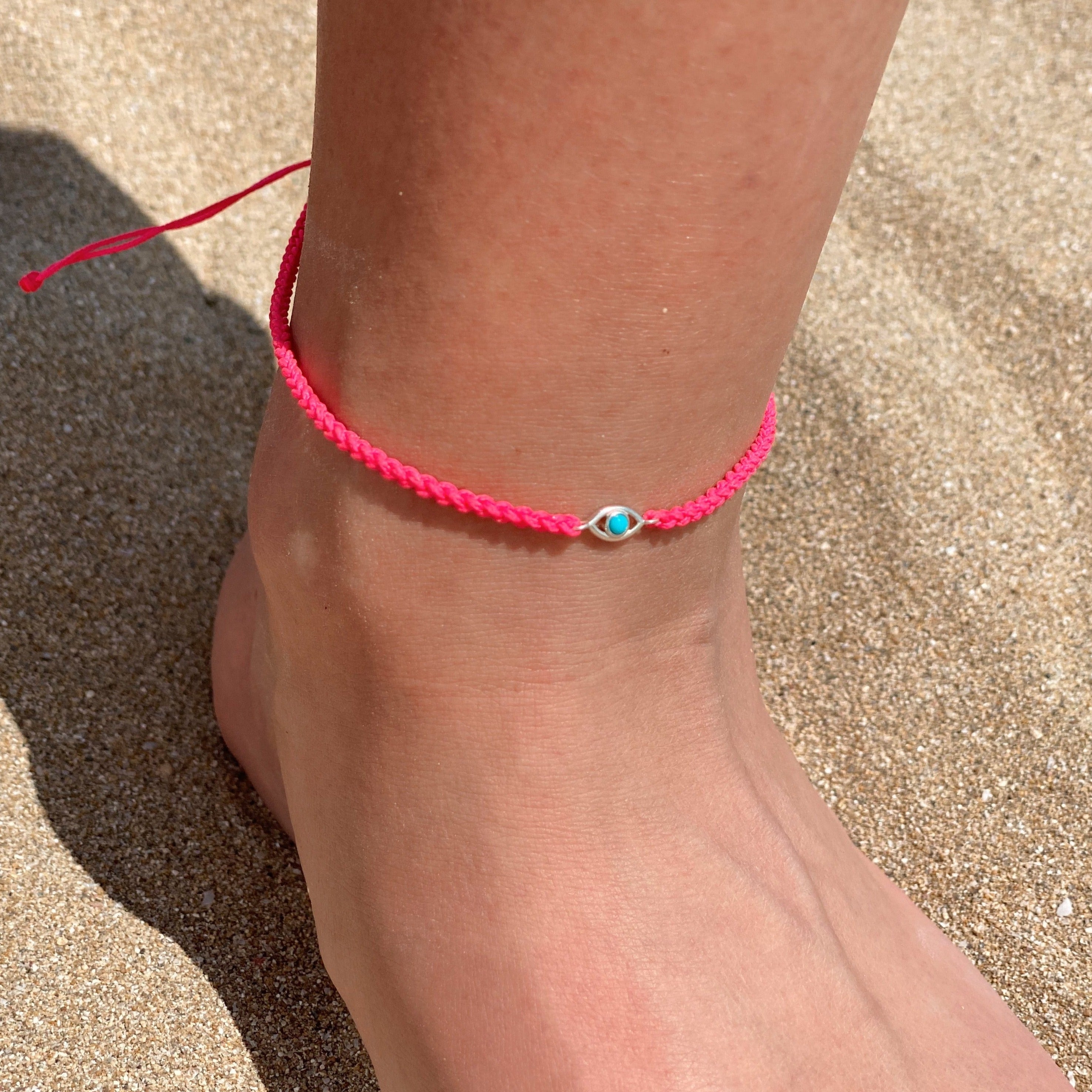 Evil Eye Cord Anklet Neon Pink Sterling Silver