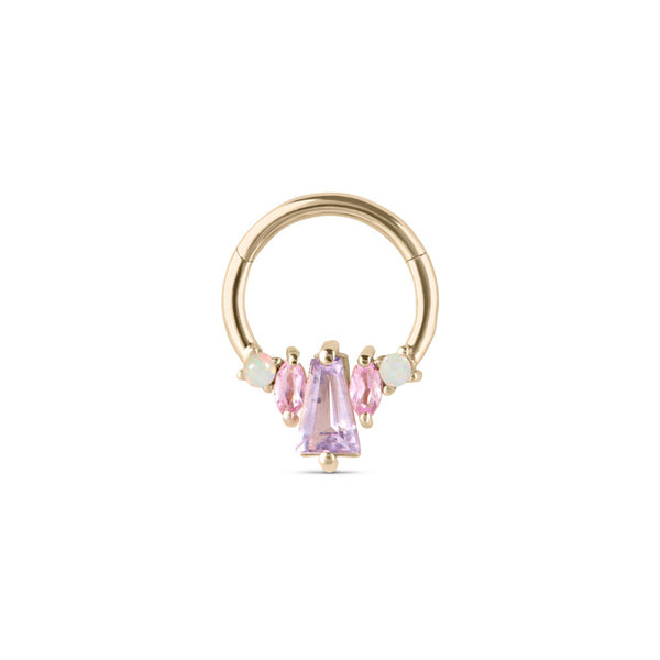 Pink Tourmaline, Sapphire & Opal Daith Earring 9k Gold on white background