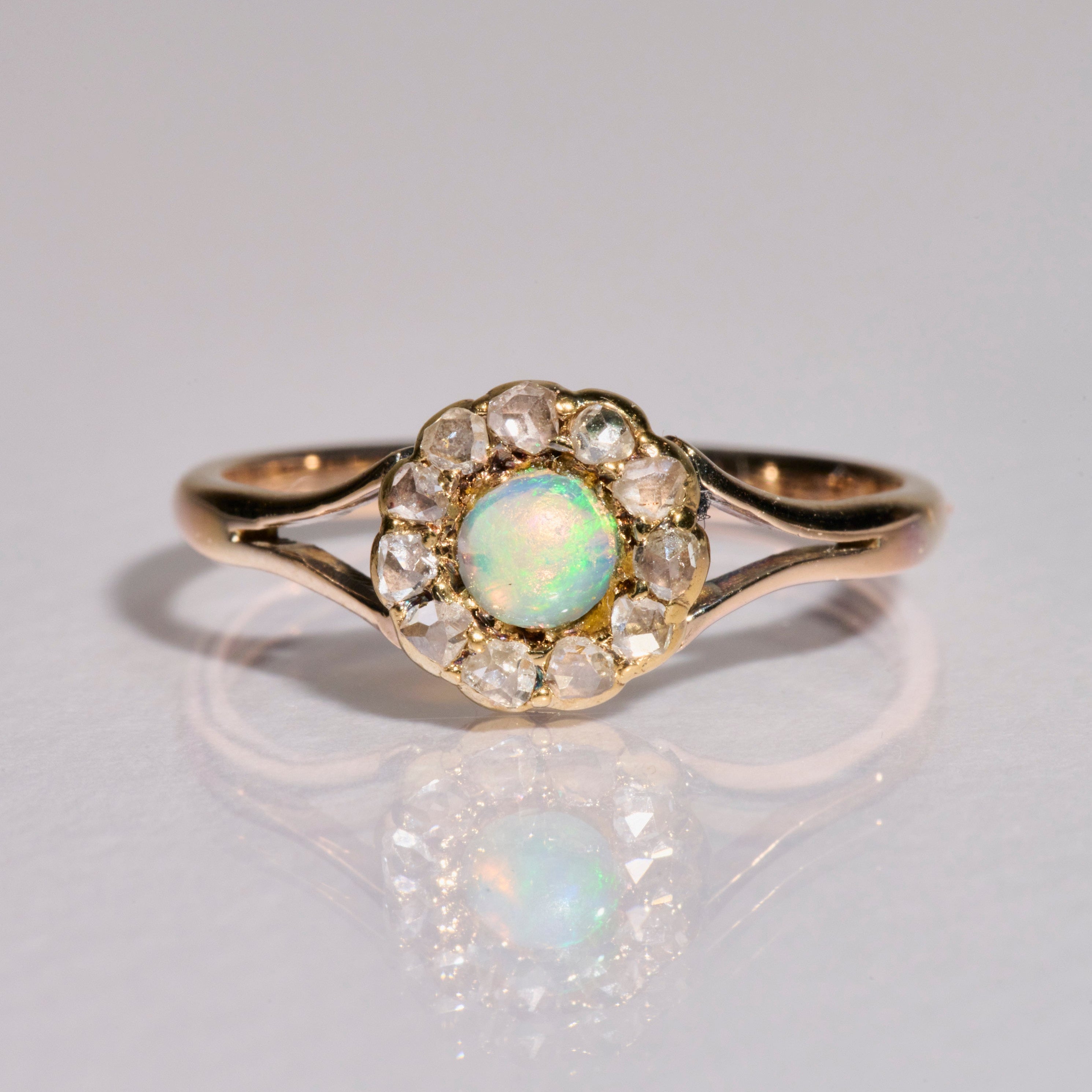 close up of 9kt Gold Opal & Diamond Vintage Ring