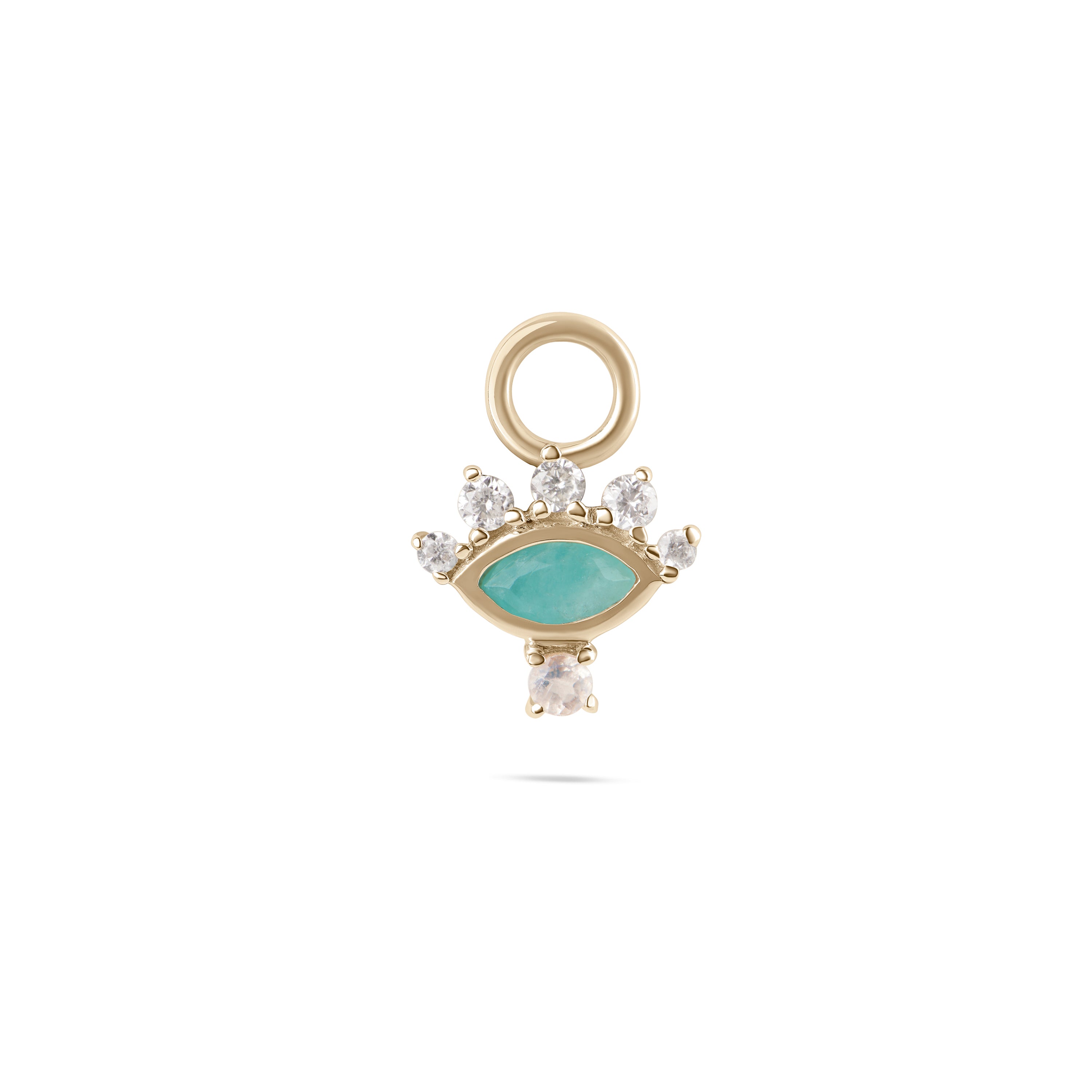 Gold charm with turquoise stone and clear stones on a white background